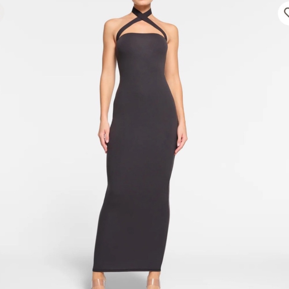 SKIMS Fits Everybody Wrap Long Slip Halter Maxi Dress Black - Size XXS
